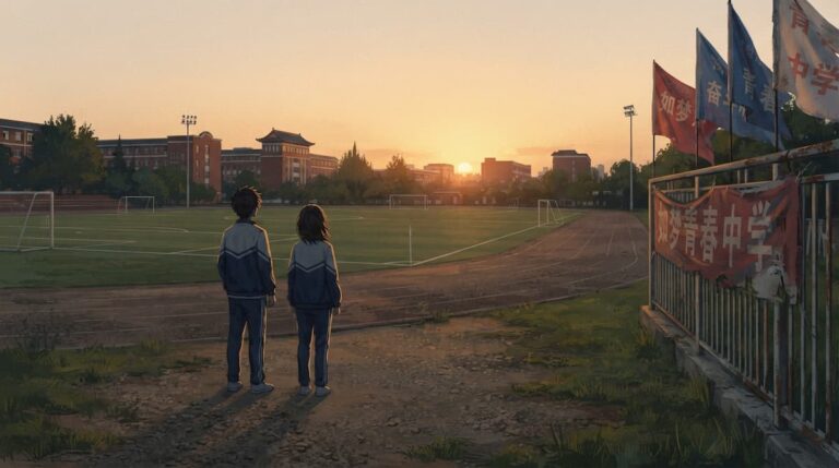 Road to Success drama análisis explicado, cancha de fútbol escolar china al atardecer con dos siluetas.
