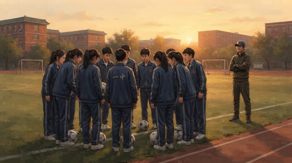 Road to Success drama análisis explicado, equipo escolar de fútbol chino entrenando en grupo