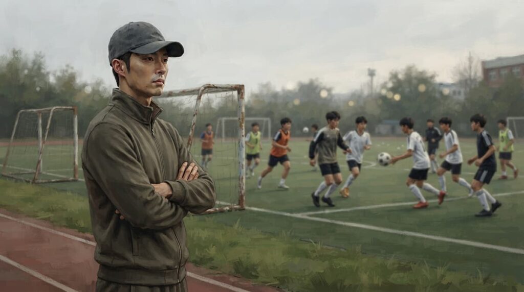 Road to Success drama análisis explicado, entrenador de fútbol observando entrenamiento escolar.