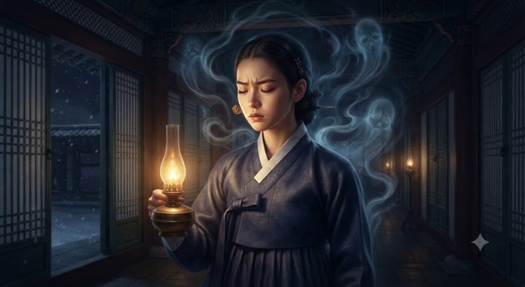 Roh Yoon-seo como Saeng-gang en el palacio del este 2026 fantasía oscura, mostrando sus poderes de percepción sensorial para comunicarse con espíritus