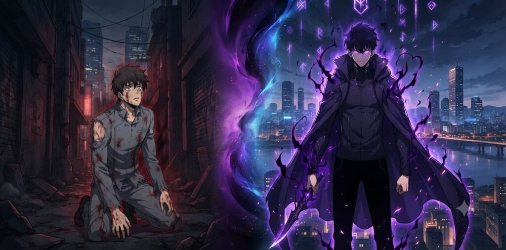 "Sung Jinwoo evolucionando de cazador débil a poderoso, mostrando la gamificación de la transformación personal en clasificaciones de anime 2026"