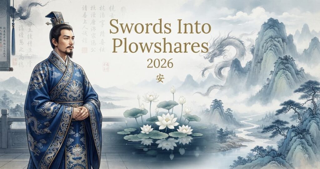 Portada del drama Swords Into Plowshares 2026 mostrando a los personajes principales Qian Hongchu y Zhao Kuangyin en vestuario histórico de la dinastía Song