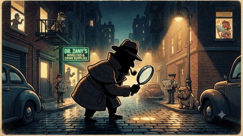 Silueta de detective satírico representando la comedia negra Born with Luck en el top 10 c-dramas de 2026Top 10 c-dramas 2026, ilustración satírica de Born with Luck