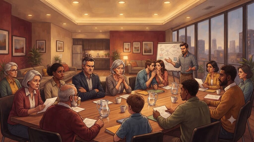 Escena de junta de vecinos en The Apartment Job, top 10 series coreanas julio y agosto 2026
