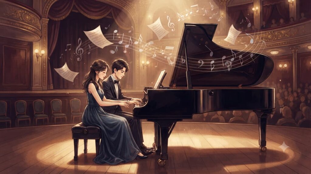 Escena musical de Four Hands Two Sonatas, top 10 series coreanas julio y agosto 2026