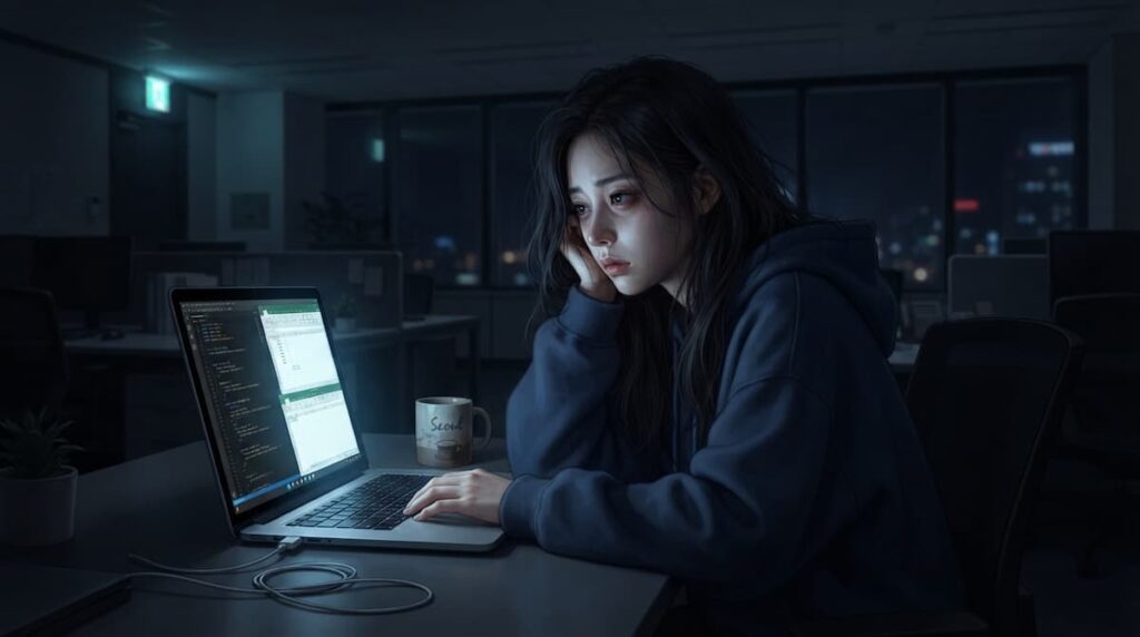 Un amor que no se agota drama coreano: personaje femenino trabajando de noche como síntoma de burnout