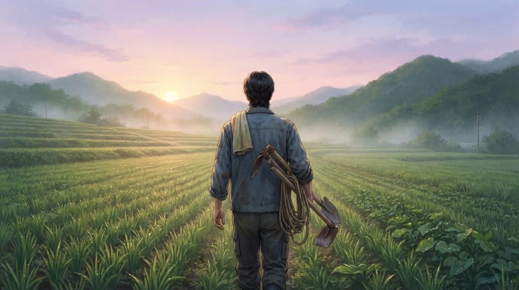 Un amor que no se agota drama coreano: personaje masculino caminando solo entre cultivos al amanecer