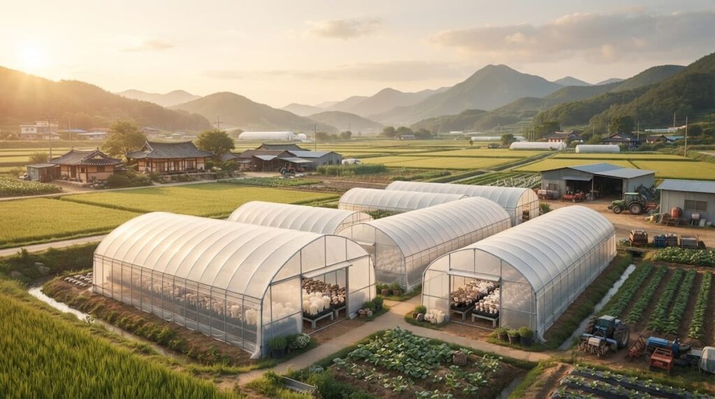 Un amor que no se agota drama coreano: invernadero rural donde se cultiva la seta blanca protagonista de la trama