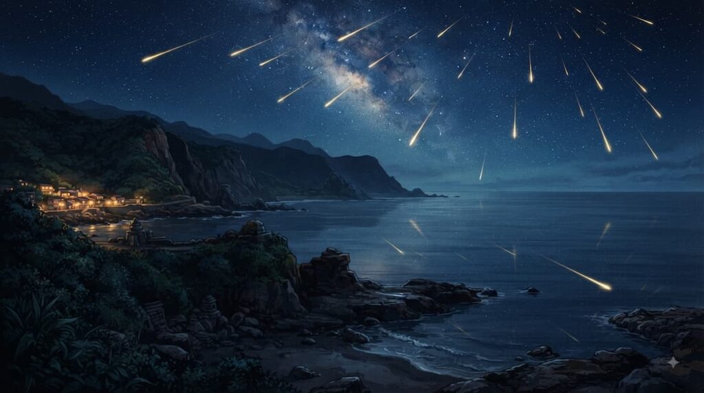 Wishing Upon the Shooting Stars análisis 2026, escena nocturna de la isla bajo una lluvia de estrellas.