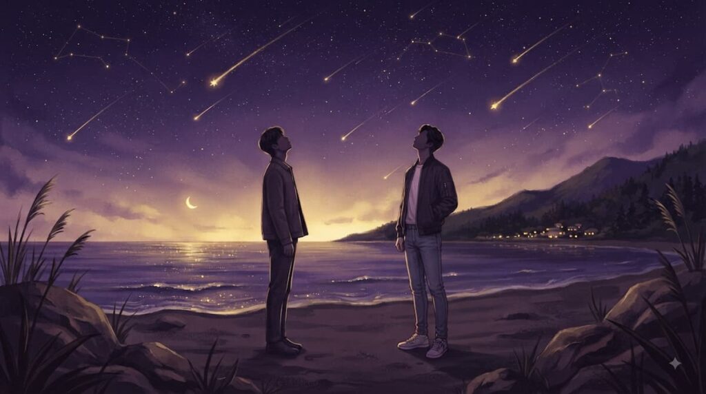 Wishing Upon the Shooting Stars análisis 2026, siluetas en la playa bajo una lluvia de estrellas fugaces.