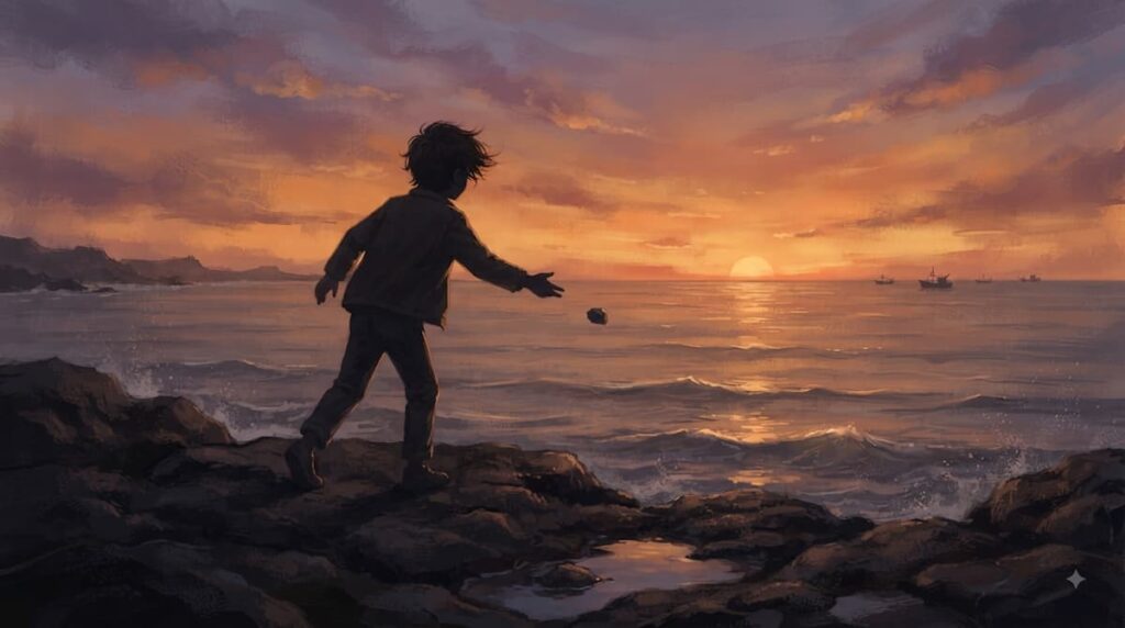 Wishing Upon the Shooting Stars análisis 2026, silueta lanzando una piedra al mar al atardecer.