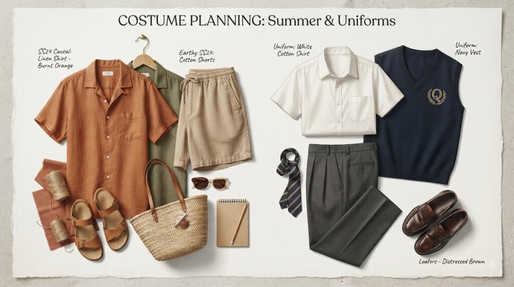 Wishing Upon the Shooting Stars análisis 2026, moodboard de vestuario en tonos cálidos y uniforme escolar.