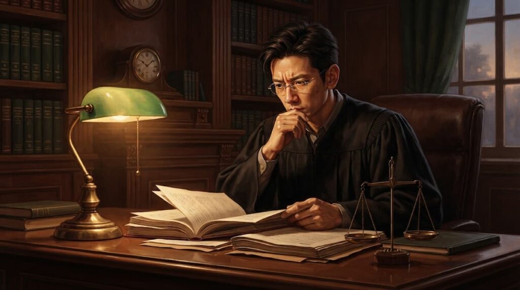 Ilustración de un juez surcoreano observando expedientes en el análisis de El regreso del juez.