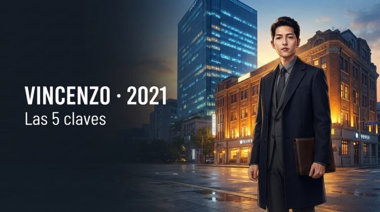 Ilustración de un abogado de traje oscuro frente a una torre de cristal, portada del análisis de Vincenzo serie coreana con el texto «5 claves» y «2021»