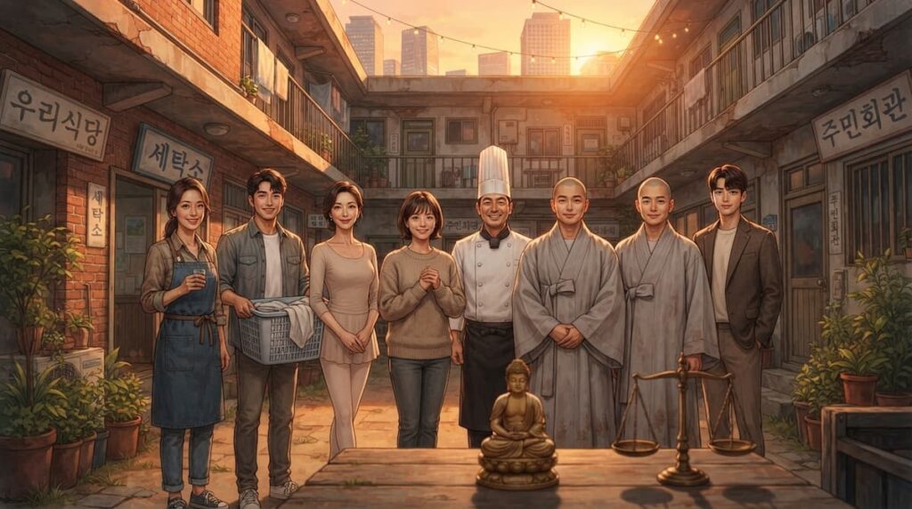 Ilustración de vecinos y monjes reunidos en un patio junto a una estatua dorada y una balanza, símbolo de la enseñanza en el análisis de Vincenzo serie coreana.