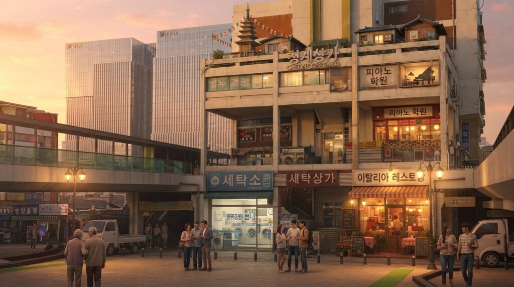 Ilustración de un edificio comercial antiguo con vecinos en la entrada frente a torres modernas, escenario central del análisis de Vincenzo serie coreana.