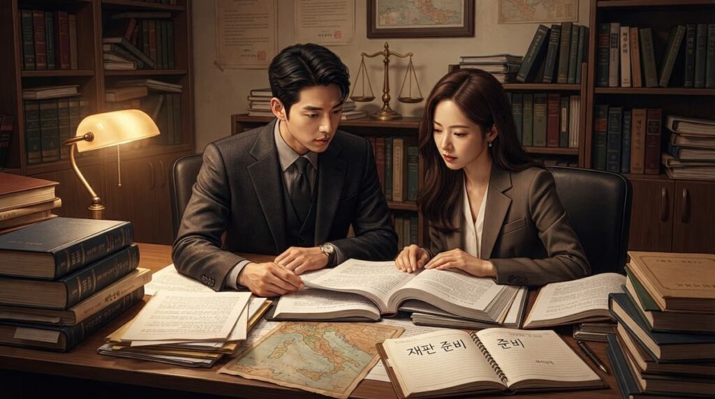Ilustración de un abogado y una abogada revisando documentos en un bufete, representación de los protagonistas en el análisis de Vincenzo serie coreana.