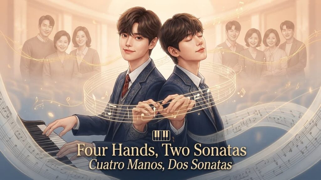 Ilustración digital de dos jóvenes pianistas tocando juntos en un piano de cola, rodeados de pentagramas musicales y personajes secundarios de fondo.