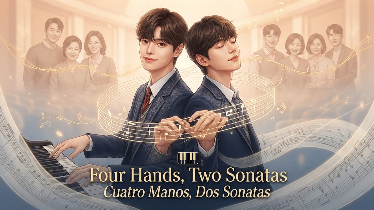 Ilustración digital de dos jóvenes pianistas tocando juntos en un piano de cola, rodeados de pentagramas musicales y personajes secundarios de fondo.