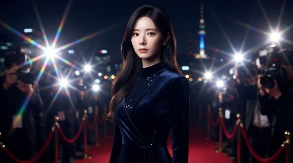 Ilustración de la actriz Yoon Ha-na, protagonista del análisis de Dive into You, en una alfombra roja de Seúl.