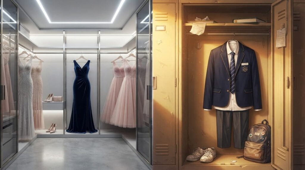 Comparación visual del vestuario de Dive into You entre el presente de lujo y el pasado escolar de 2010