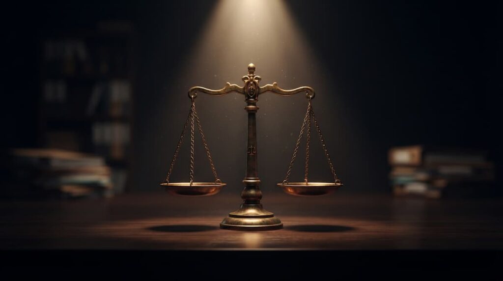 Ilustración de una balanza de la justicia iluminada en el análisis de El regreso del juez.