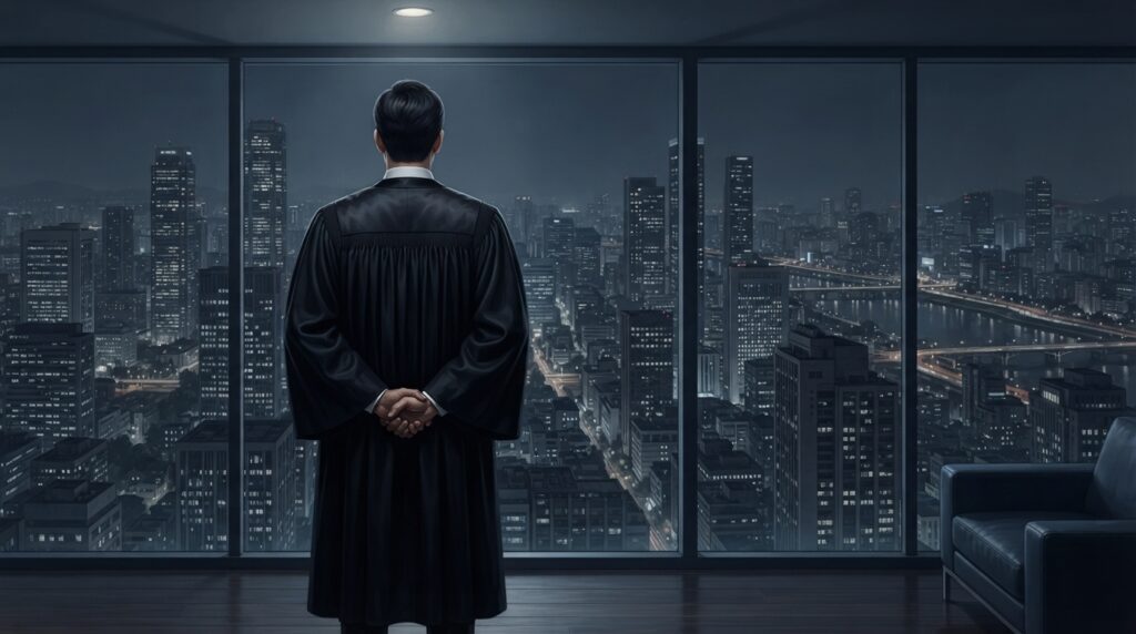 Ilustración de una figura de poder judicial en la sombra en el análisis de El regreso del juez