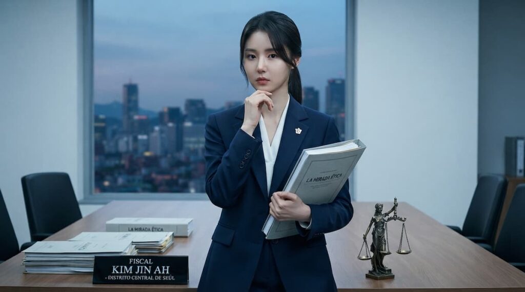 La fiscal Kim Jin Ah con traje formal sostiene un expediente de ética en su despacho frente a la silueta urbana de Seúl.
