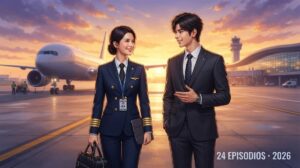 Florecer entre las nubes análisis de personajes: piloto y directivo de aerolínea frente a un avión al atardecer, con el número 24 y el año 2026 integrados en la composición