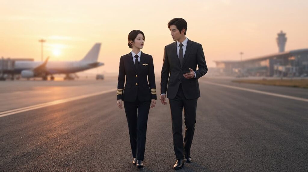 Florecer entre las nubes análisis de personajes: piloto y directivo caminando juntos por la pista de un aeropuerto al amanecer.