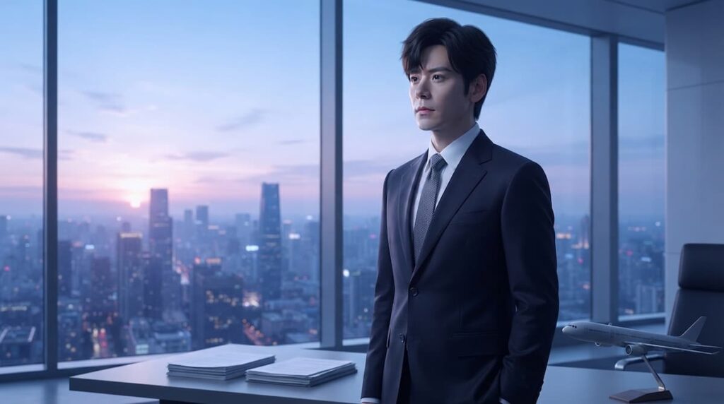 Florecer entre las nubes análisis de personajes: retrato de un ejecutivo chino de traje oscuro mirando por la ventana de una oficina corporativa.