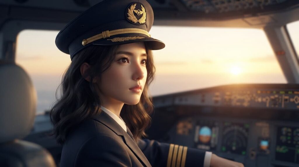 Florecer entre las nubes análisis de personajes: retrato de una piloto china con uniforme de capitana frente a la ventana de una cabina de mando.