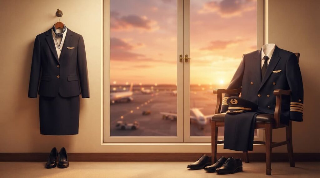 Florecer entre las nubes análisis de personajes: comparación visual entre un uniforme de azafata y un uniforme de piloto sobre un fondo de aeropuerto.