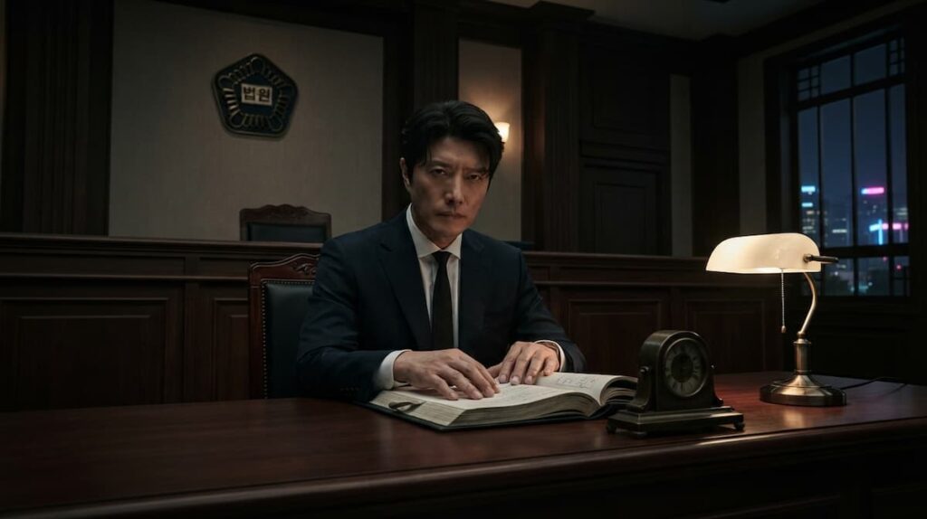 El juez Kang Shin Jin sentado con seriedad frente a un gran libro en un estrado de tribunal nocturno bajo el emblema de la judicatura coreana.