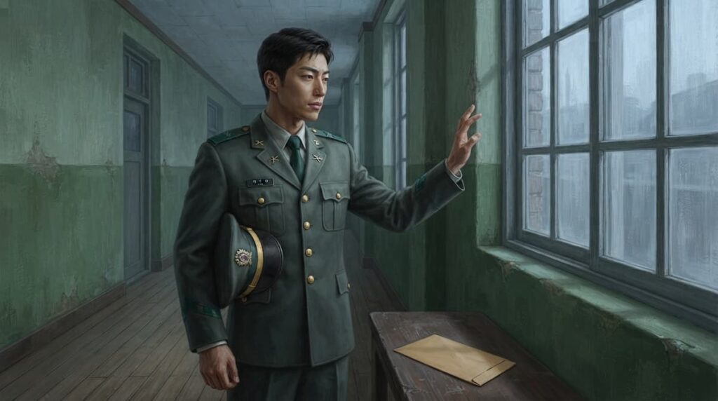 Ilustración de un joven oficial militar mirando por una ventana en un pasillo de los años setenta, retrato de Baek Ki-hyun en el Made in Korea 2 análisis.