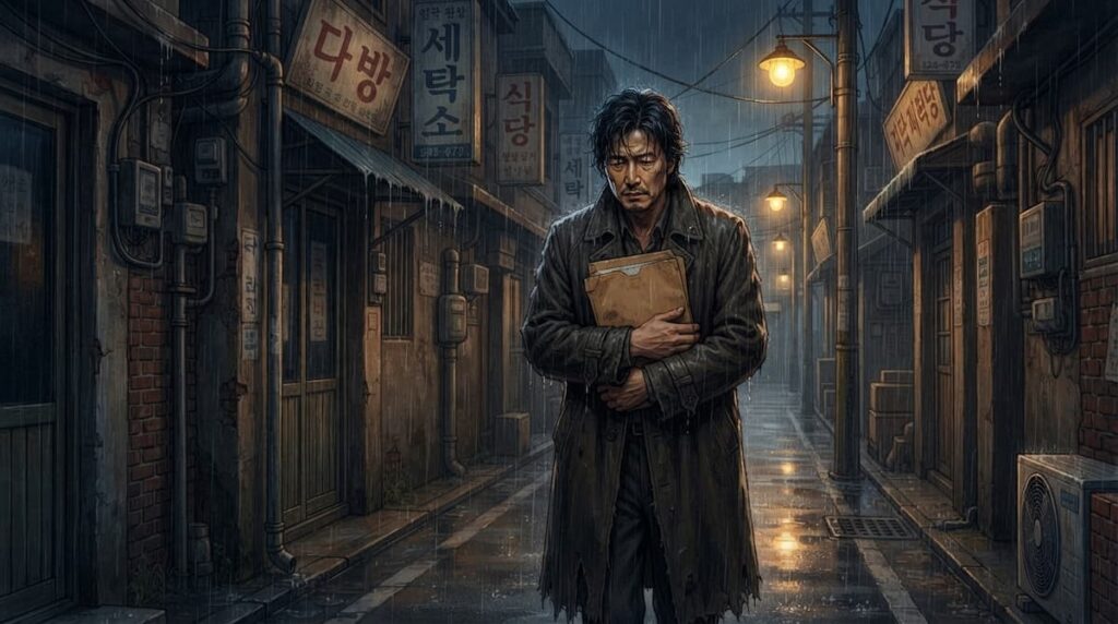 Ilustración de un hombre con abrigo gastado caminando bajo la lluvia con una carpeta, retrato de Jang Geon-young en el Made in Korea 2 análisis.