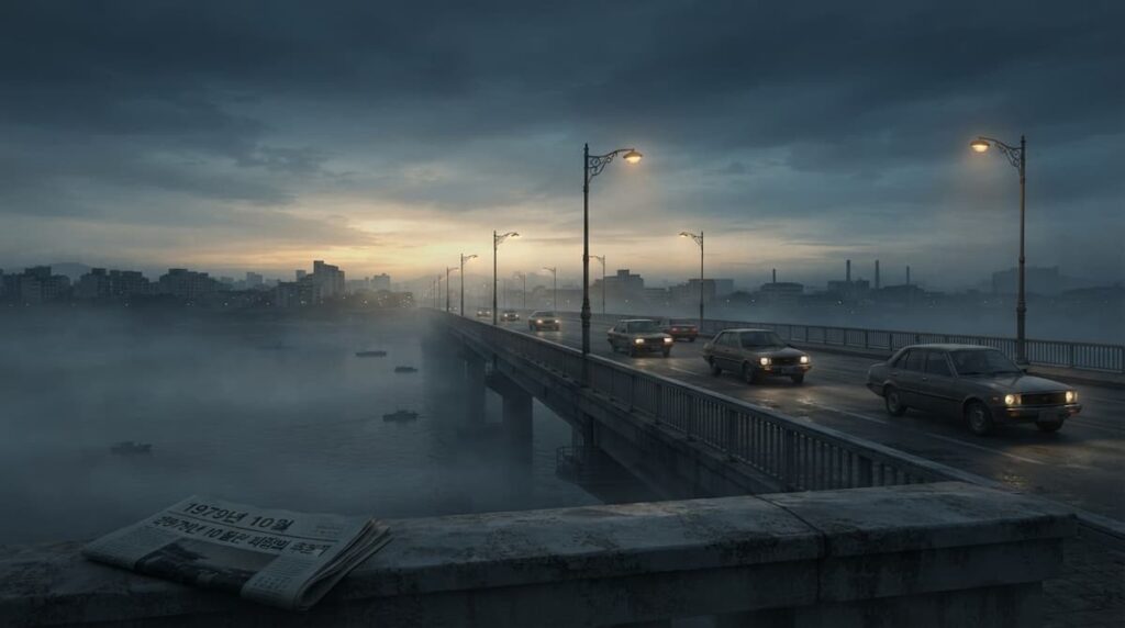 Ilustración de un puente sobre el río Han al amanecer en Seúl en 1979, ambiente del Made in Korea 2 análisis.