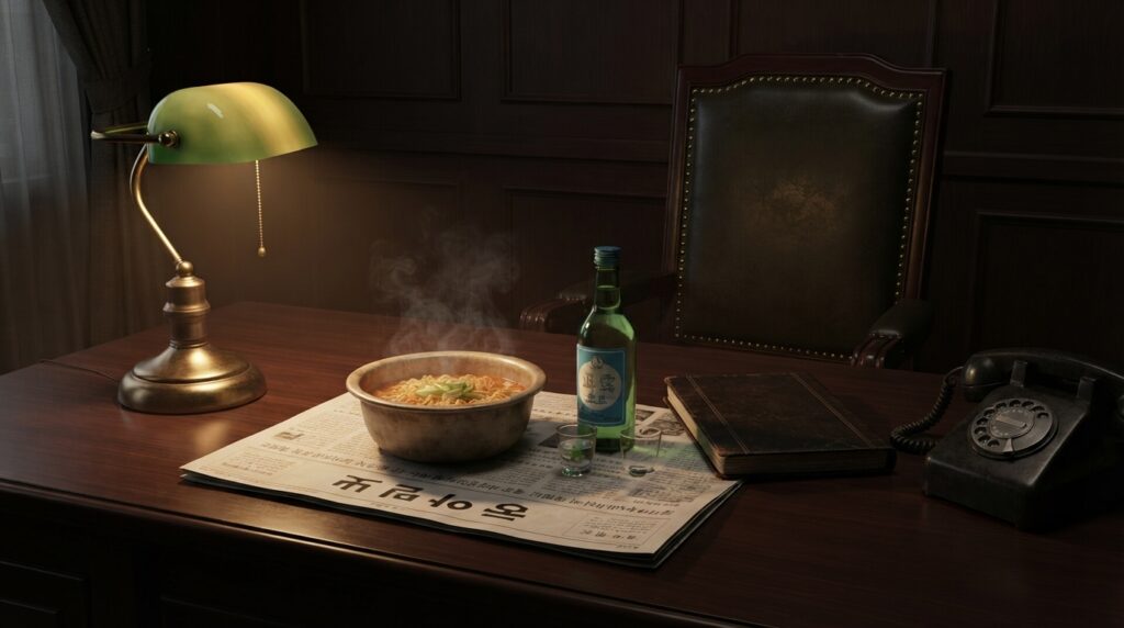 Ilustración de un escritorio de los años setenta con un periódico, ramyeon, soju y un libro contable, escenografía del Made in Korea 2 análisis