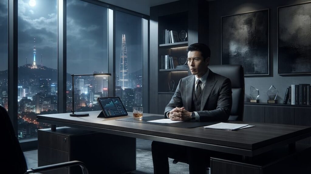 Baek Ki-tae, personaje principal del drama asiático Made in Korea 2, sentado en su oficina ejecutiva reflejando sobre las consecuencias del poder y la corrupción en el análisis de top dramas asiáticos septiembre 2026