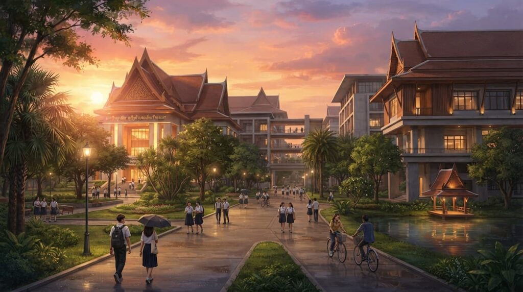 Vista de un campus universitario tailandés al atardecer con arquitectura tradicional, contexto del análisis de No seas tan emotivo.