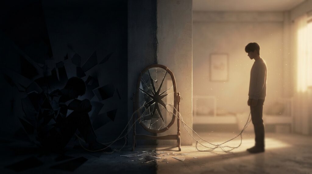 Ilustración conceptual del trauma psicológico compartido entre Jane Patrick y Jennalee en No seas tan emotivo.