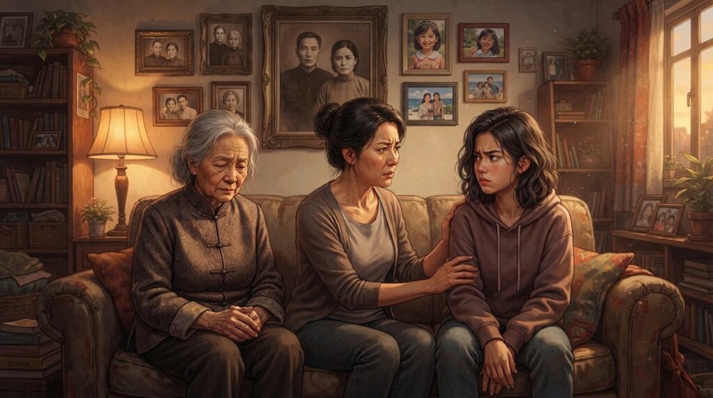 Retrato multigeneracional de familia asiática en drama Portrait of a Family, mostrando ciclos de trauma transmitido, análisis de dramas asiáticos septiembre 2026
