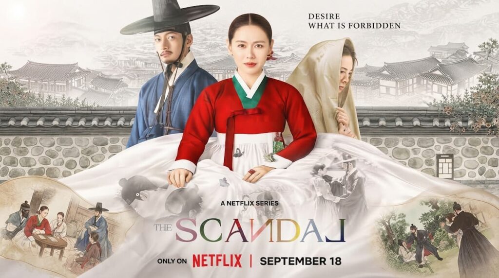 Póster promocional del drama histórico coreano The Scandal que muestra a los actores principales Son Ye-jin y Ji Chang-wook en la era Joseon.