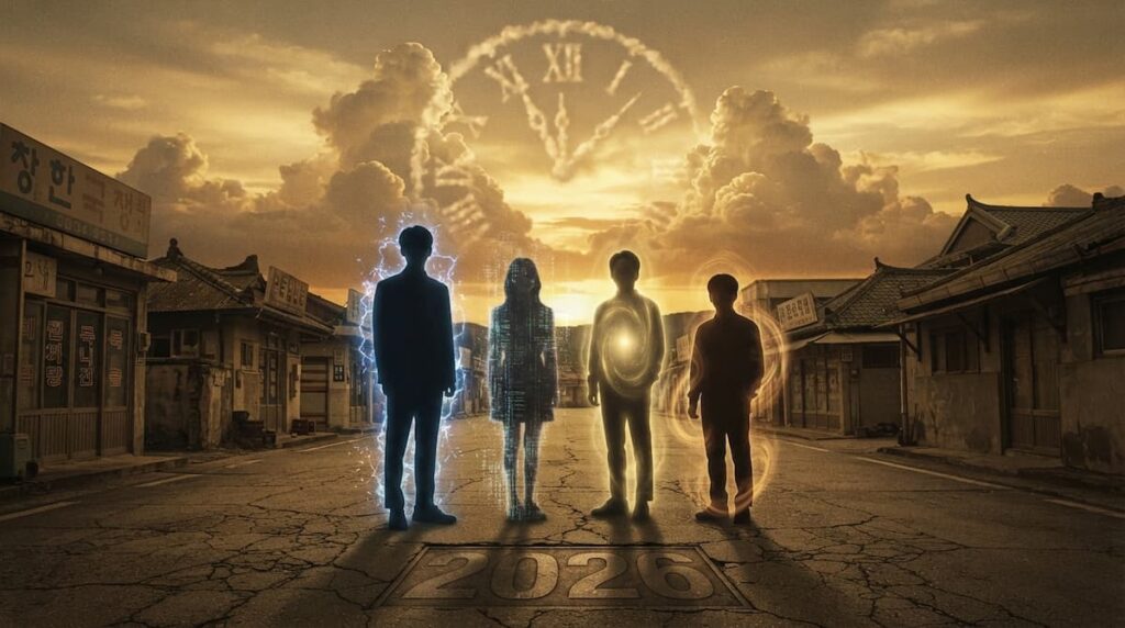 Ilustración de portada del análisis de The Wonderfools, k-drama de superhéroes de 2026, con siluetas torpes bajo luces urbanas