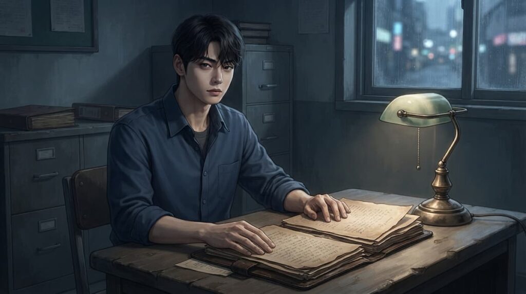 Ilustración de un joven funcionario observando expedientes de un orfanato en el análisis de The Wonderfools