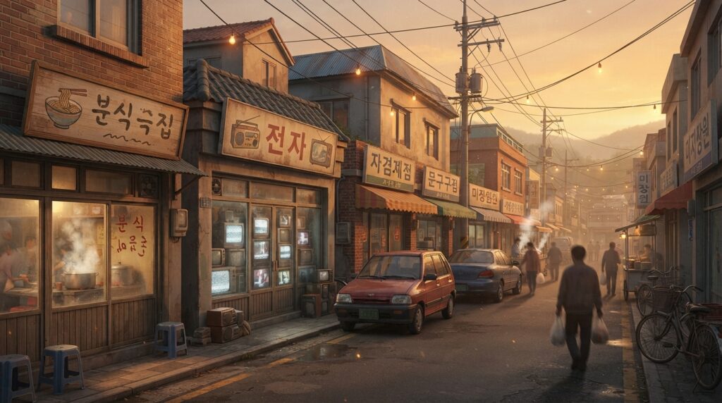 Ilustración de una calle de barrio coreano de finales de los noventa en el análisis de The Wonderfools