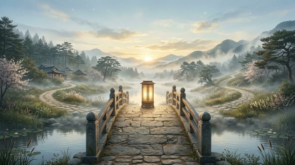 Puente de piedra al amanecer con una linterna encendida y dos caminos, ilustración sobre la enseñanza de 100 Days of Deception.