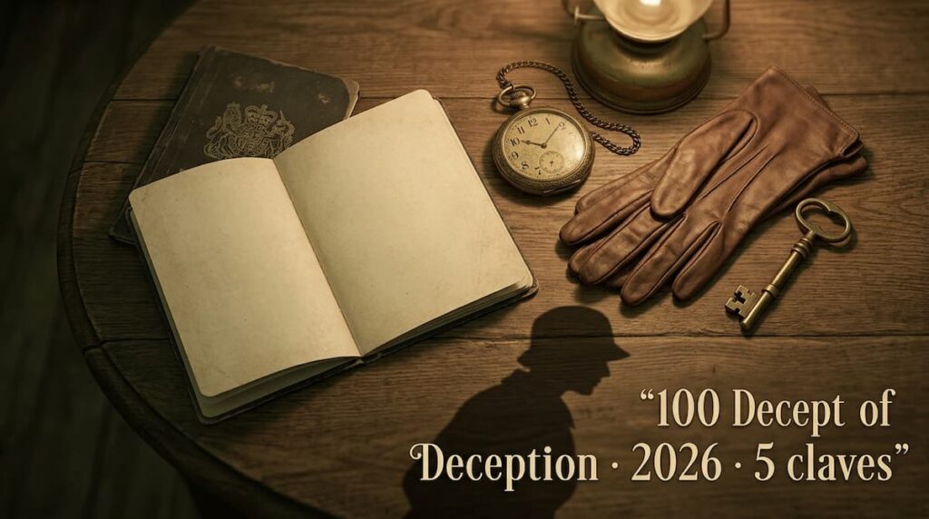 Mesa de madera con pasaporte, reloj y guantes de época, ilustración para el análisis de personajes de 100 Days of Deception 2026.