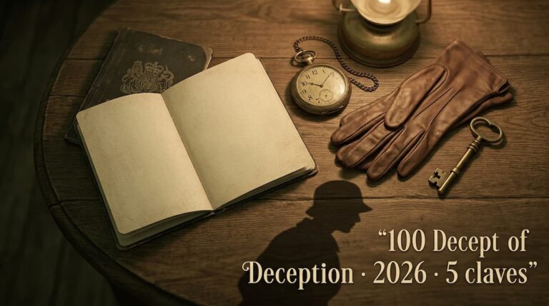 Mesa de madera con pasaporte, reloj y guantes de época, ilustración para el análisis de personajes de 100 Days of Deception 2026.