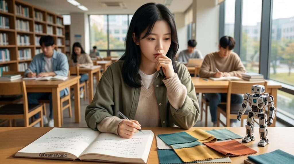 Análisis de Between Steps: una estudiante universitaria reflexiona sobre su futuro junto a materiales de estudio y un modelo de robótica.